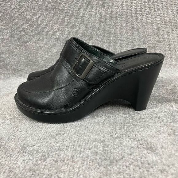 BOC Born Women’s 8 Black Leather Slip On Heeled Clogs Mules Buckle - Picture 5 of 7